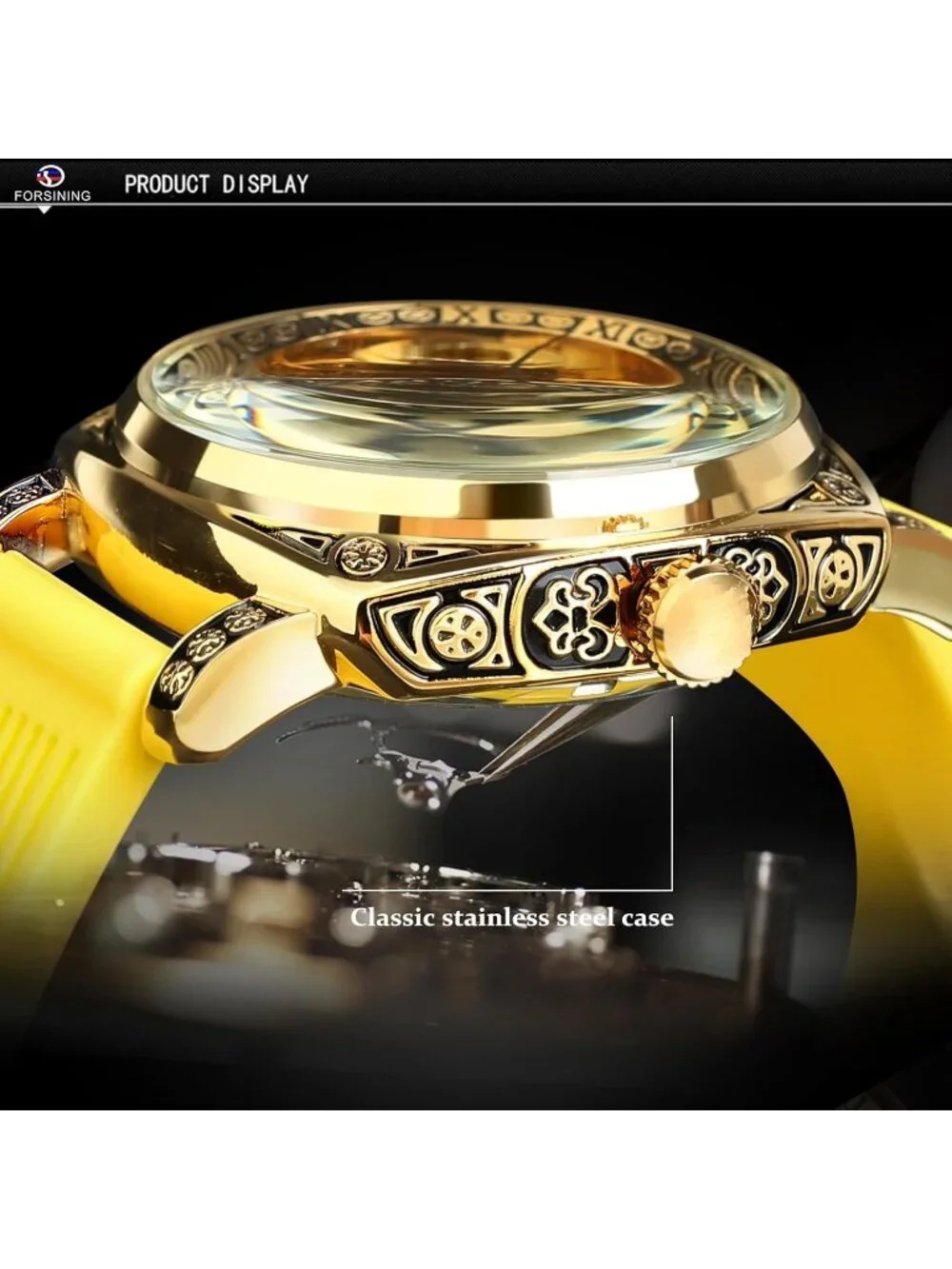 Men's Yellow Square Mechanical Rubber Strap Self-Wind Carved Automatic Watch